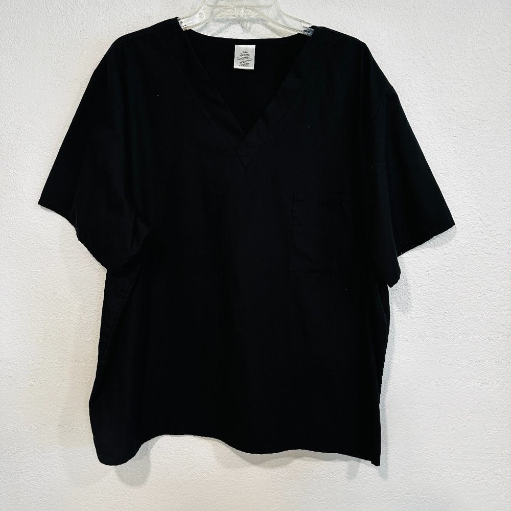 Medical Scrub Top Black V-Neck Short Sleeves Chest Pocket Unisex Size XL